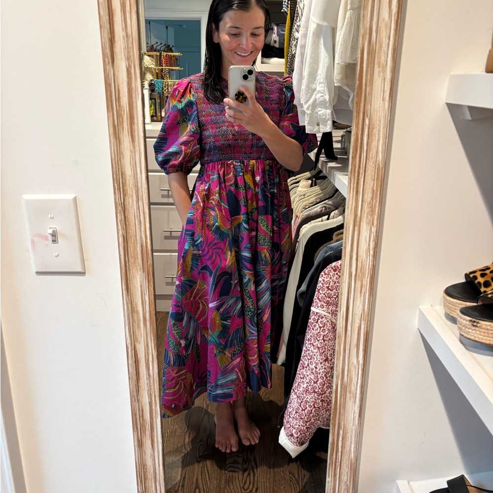 Farm Rio Smocked Macaws Midi Dress